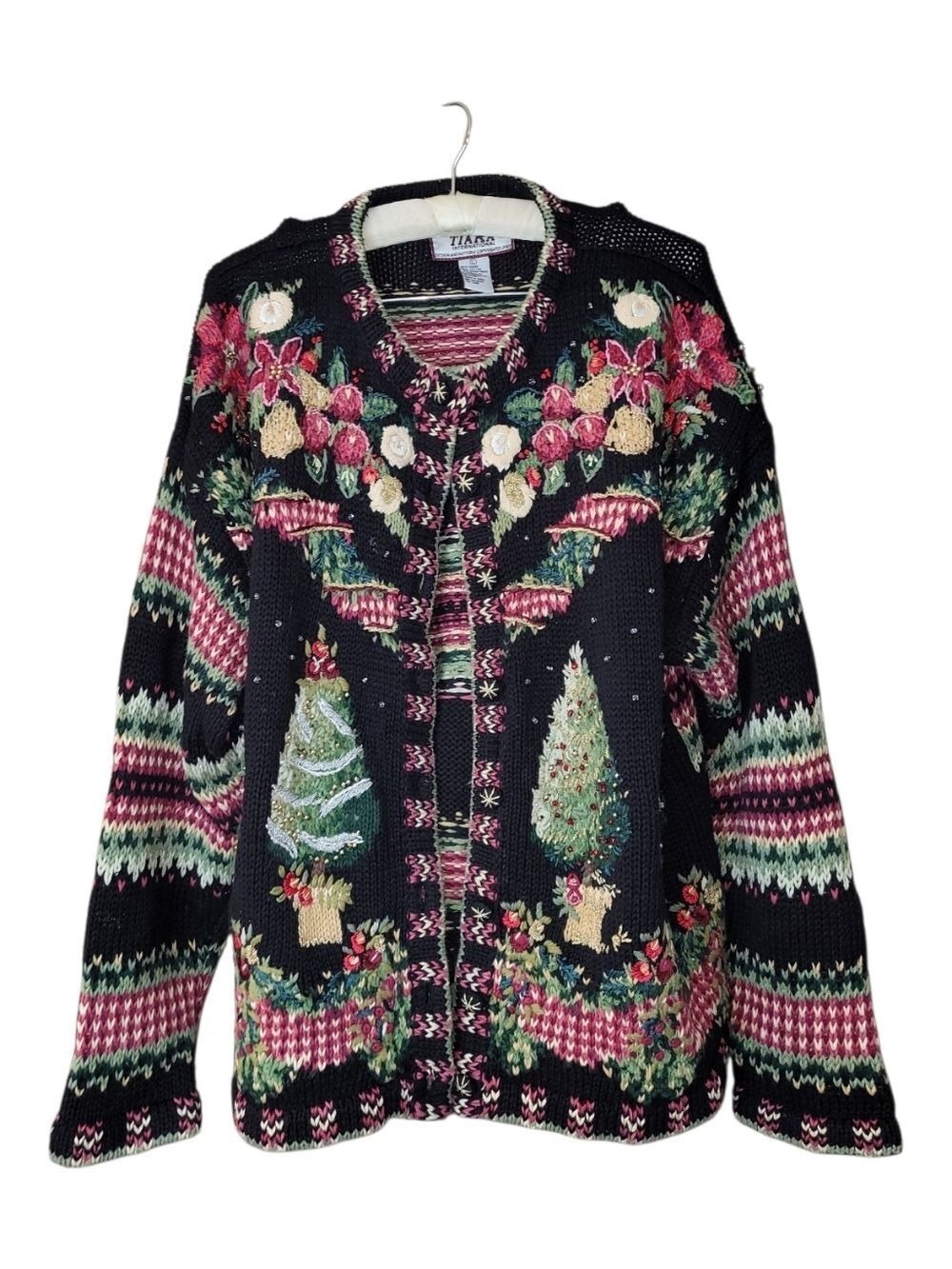 Vintage Heirloom Tiara International Christmas Sweater Crochet Beaded L